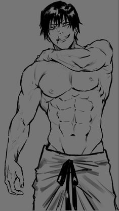 this is a black and white sketch of a muscular, shirtless anime man. he is posing with one arm raised and the other on his hip. the man has short dark hair and a mischievous expression on his face. he appears to be wearing loosefitting pants.