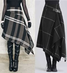 two women are wearing plaid skirts. the woman on the left is wearing a black and grey plaid skirt with a black top and black kneehigh boots. the woman on the right is wearing a black and white plaid skirt with a black top and black ankle boots. both women are wearing their skirts in a way that they are draped over one leg. they are posing in a way that shows off the style of the skirts.