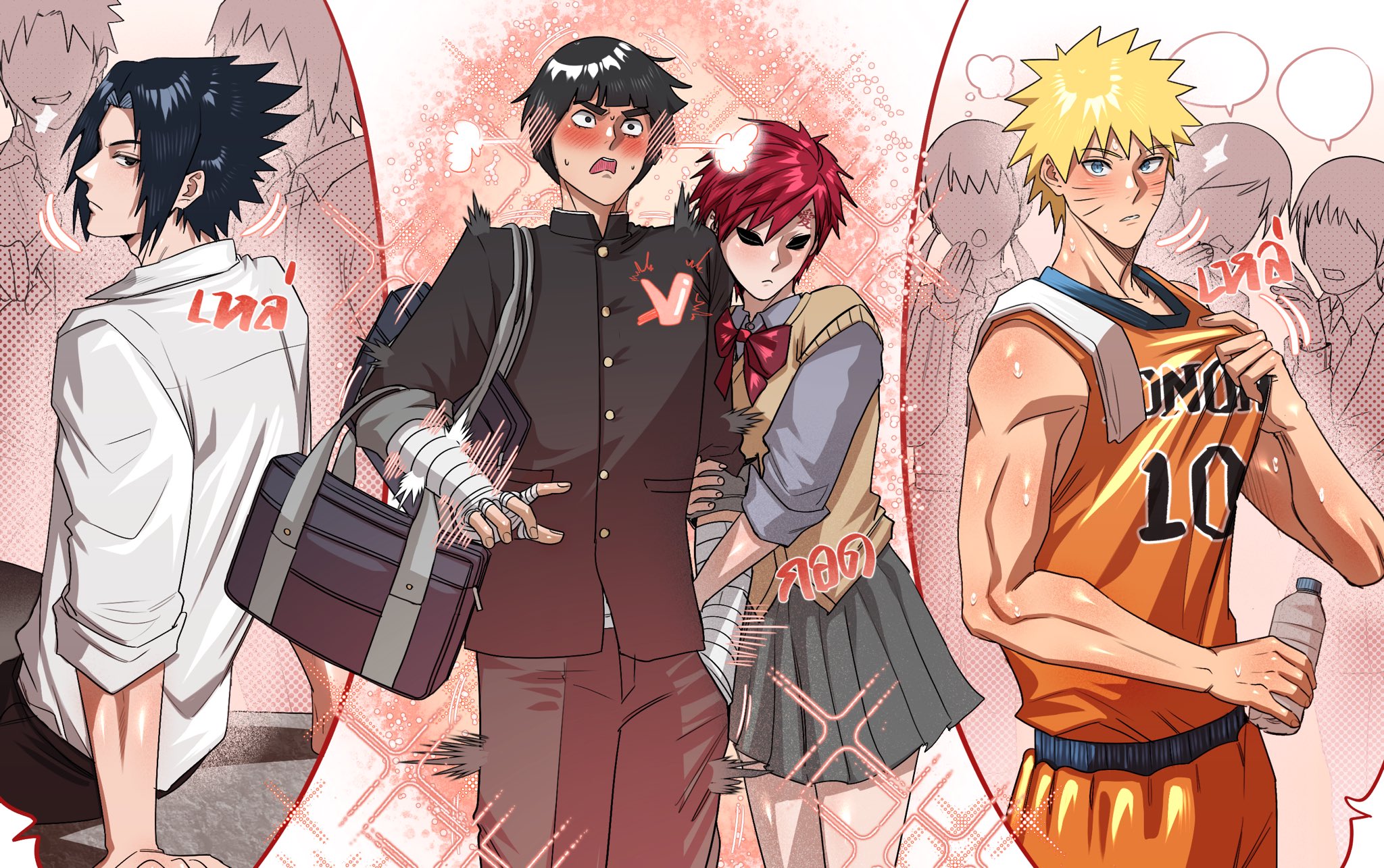 vibrant piece of fan art depicts characters from the popular anime series naruto in a high school setting. sasuke, neji, gaara, and naruto are rendered in a style that mixes realism and manga aesthetics.  sasuke, in a white shirt and carrying a bag, seems aloof. neji and gaara, both in school uniforms, are shown close together, their blushing suggesting a romantic interest. naruto, in a basketball uniform, is depicted slightly sweaty after a game. the backdrop suggests a lively school environment with other students visible in the background. the art style is dynamic and expressive, using bold colors and lines to create a sense of energy and movement. the overall atmosphere conveys a mix of shyness, affection, and youthful excitement.