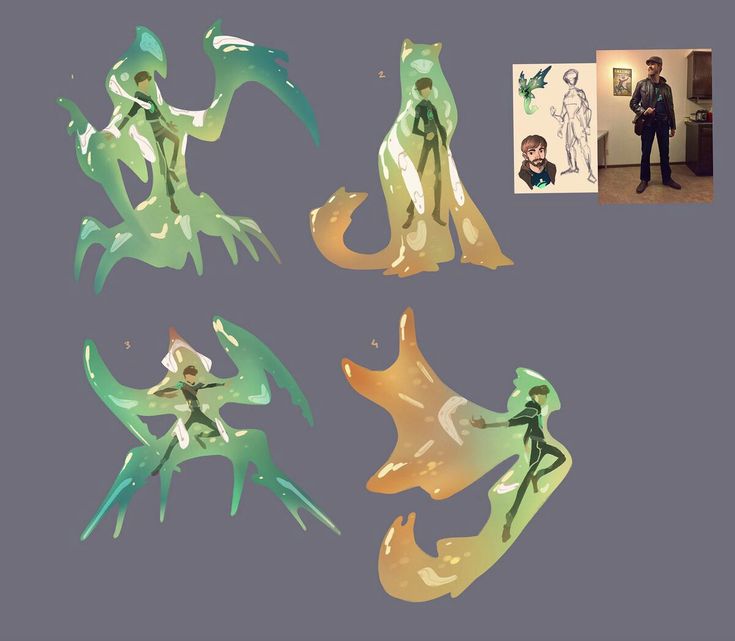 the image showcases a series of concept art pieces featuring a character seemingly enveloped or transformed into various amorphous, gooey creatures. there are four main designs, each depicting the character in a different shape, ranging from a birdlike form to a caninelike form and more abstract shapes.  the color palette primarily uses shades of green, yellow, and orange to create a translucent, almost slimelike effect for the creatures.  a small reference image in the upper right corner shows a man and another sketch, possibly showing the artist's inspiration or initial ideas. the style is illustrative, with a focus on character design and the fantastical nature of the transformation.  the numbered annotations suggest a process of development or iteration of designs.
