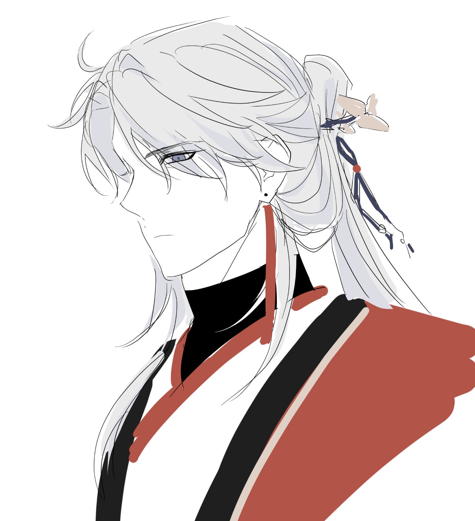 a drawing of an anime male character with white hair and red and black clothing. he is looking to the side with a serious expression. he appears to be wearing a traditional japanese kimono.