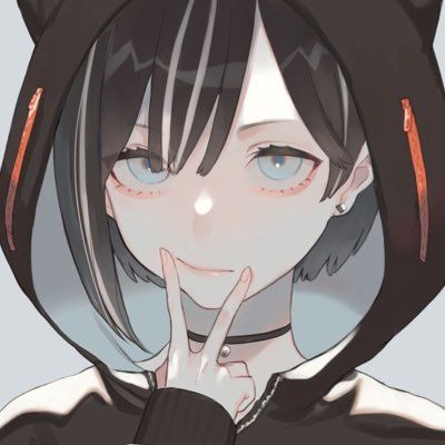 a digital illustration of an anime girl. she has short black hair with white streaks, blue eyes, and a small, cute smile on her face. she's wearing a black hoodie with cat ears and making a peace sign with her right hand.  the drawing style is soft and focused on the character's face, which is welllit and stands out against a white background.