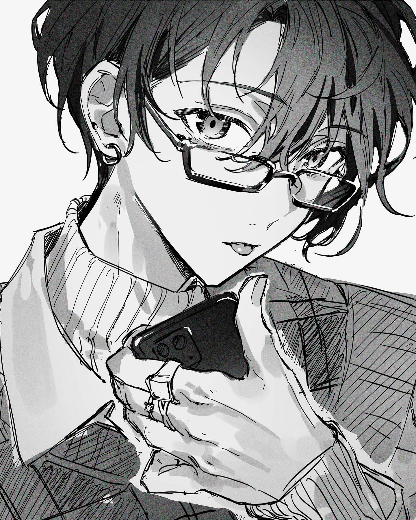 the image is a black and white animestyle drawing of a young man. he has dark hair, glasses, and is holding a smartphone. he's wearing a turtleneck sweater and a jacket. the style is detailed and expressive, with a focus on the character's face and hands. the overall mood is stylish and slightly mysterious.