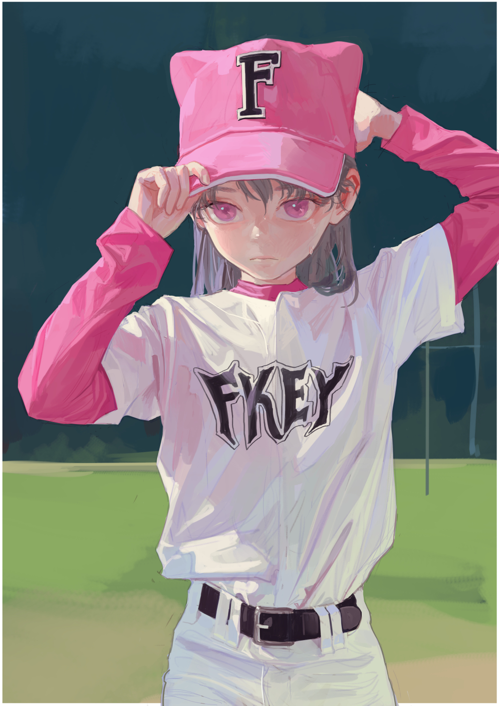 an animestyle girl wearing a baseball uniform with a pink cap and pink long sleeves over a white jersey with the word "fkey" displayed, stands against a blurred baseball field backdrop. she's adjusting the cap with one hand, and her eyes are pink.