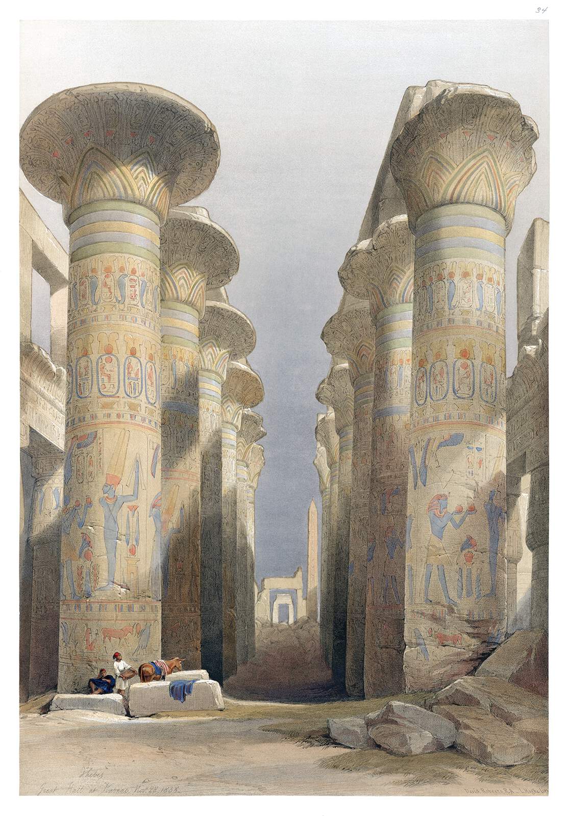 the image is a watercolor painting of an ancient egyptian temple, likely the karnak temple in luxor. tall, massive columns dominate the scene, adorned with hieroglyphs and painted figures. light and shadow interplay across the columns, highlighting the intricate carvings. two people and a donkey are depicted resting at the base of one of the columns. in the distance, an obelisk and other temple ruins are visible, framed by the rows of columns. the painting captures the grandeur and historical significance of the site. it is signed "david roberts" and dated "karnak, 26 jan 1839" in the bottom left corner.