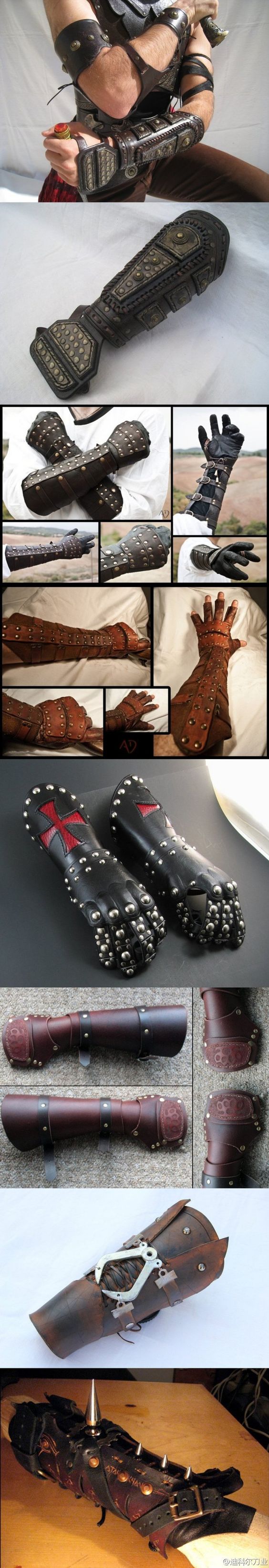 a collection of images showcasing handcrafted leather and metal armor pieces, likely intended for cosplay or larping. the focus is on arm protection, with various styles of gauntlets and bracers displayed on different surfaces. the pieces feature intricate details, studs, and buckles, highlighting the craftsmanship involved.