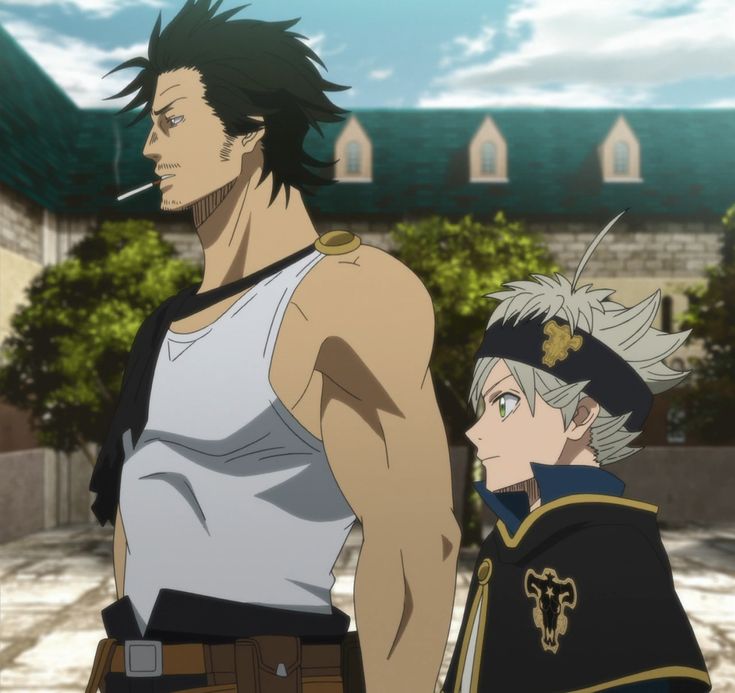 this is a still from the anime black clover, depicting the protagonists asta and yuno. asta is on the left with a determined expression, while yuno stands on the right, with a pensive look. they both wear their black bull's uniform, with the symbol of the magic knight squad clearly visible. the background shows a building, suggesting they are in the clover kingdom. their stance and expressions convey a sense of camaraderie and mutual respect, despite the rivalry that exists between them. the image is filled with action, adventure, and a hint of determination, highlighting the central theme of the anime: perseverance and achieving dreams through hard work and dedication.
