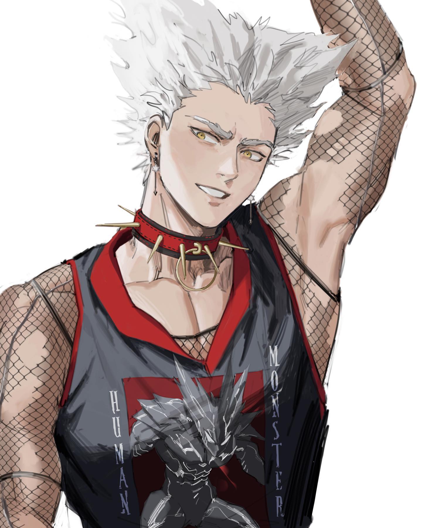 the image showcases a digital drawing of a muscular, whitehaired male character. he wears a black tank top with "human" and "monster" printed on it, layered over a fishnet shirt. he also sports a studded choker, earrings, and a confident smirk. the background is plain white, and the lighting is soft.