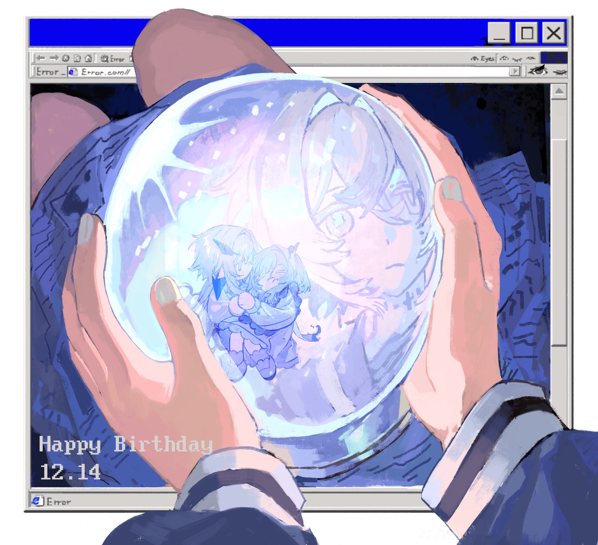 an animestyle digital illustration of a girl holding a blue orb in her hands. the orb contains images of two other girls, one with blue hair and one with white hair. the orb is surrounded by a blue and white background with text that reads "happy birthday 12.14". the illustration is framed by a computer screen.