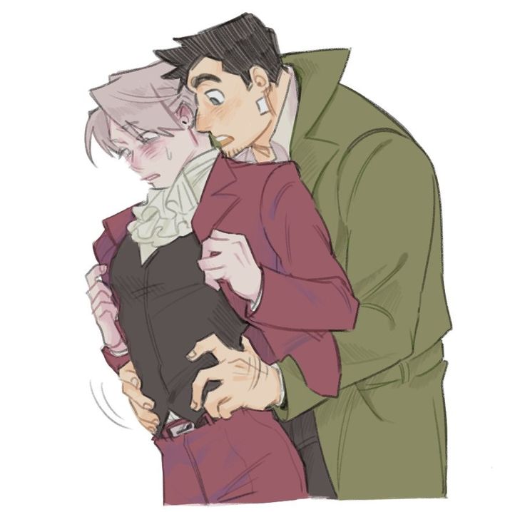 the image is a digital drawing or fanart in an anime/manga style depicting a romantic or intimate scene between two young men. one, with light pink hair, is wearing a maroon jacket and  what appears to be historical or periodinspired clothing. the other, with darker hair, is wearing an olive green coat. the man in green has his arms around the other, holding him close, and appears to be playfully or teasingly touching his stomach.  both characters show signs of blushing or embarrassment. the overall style is soft and slightly suggestive, with a focus on the affection between the two characters. the setting is simple and uncluttered, emphasizing the interaction between the figures.