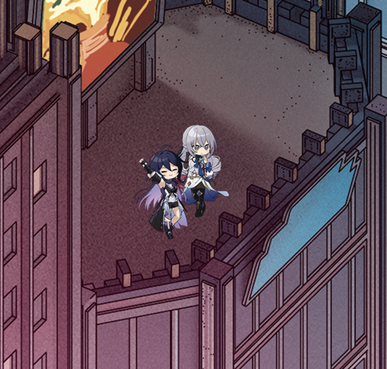 the image features two anime characters, a purple haired girl with a green cape and a white haired girl with a blue cape, standing on a rooftop of a building. the girls are both wearing cute outfits with a magical theme. the building is a tall structure with several floors and a roof. the sky is a bright blue and there are some clouds visible in the background.