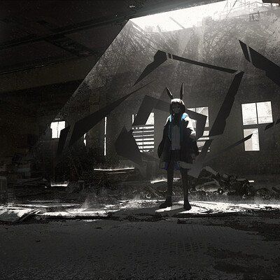 the image is a digital artwork depicting an anime girl standing in a dilapidated, dark building. the setting appears postapocalyptic, with rubble and debris strewn around. the girl is wearing a coat with rabbit ears and headphones, and has a mysterious expression. the overall atmosphere is dark, gloomy, and suggestive of a dystopian or fantasy setting. the style is reminiscent of digital painting and illustration, with a focus on light and shadow to create a mood of desolation and loneliness.