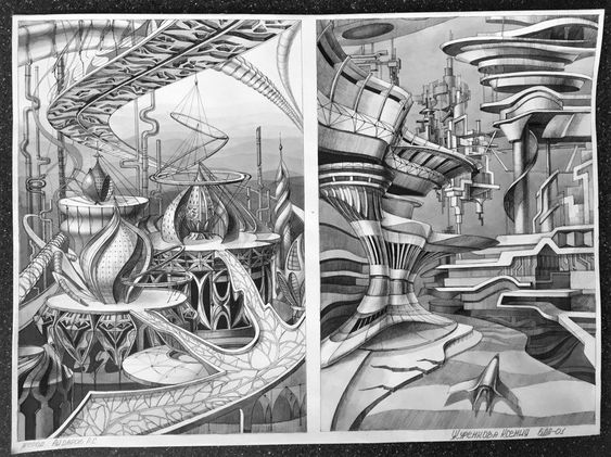 the image showcases two detailed black and white illustrations of futuristic cityscapes. intricate lines and shading depict towering structures, complex networks of pathways, and elements of fantasy architecture. the absence of color emphasizes the architectural forms and creates a sense of grandiosity.