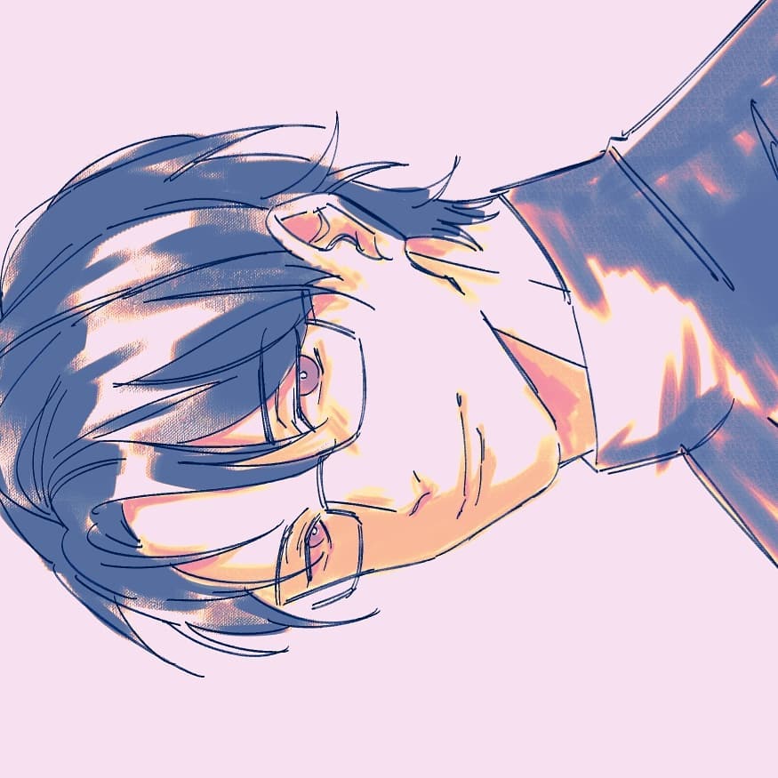 the image is a stylized digital drawing or illustration of a young man, possibly an anime or manga character.  he has dark hair with bangs covering part of his forehead, and he's wearing glasses. only the upper half of his body is shown, with his head tilted downward and slightly to the side. one hand appears to be partially covering his face near his mouth. he has a somewhat smirking or sly expression. the art style is characterized by soft, pastel colors—predominantly purples, pinks, and oranges— with subtle shading and line work. the overall aesthetic is gentle yet intriguing, with the character's partially obscured face adding to the mystery.  the background is a plain, light pink or lavender.
