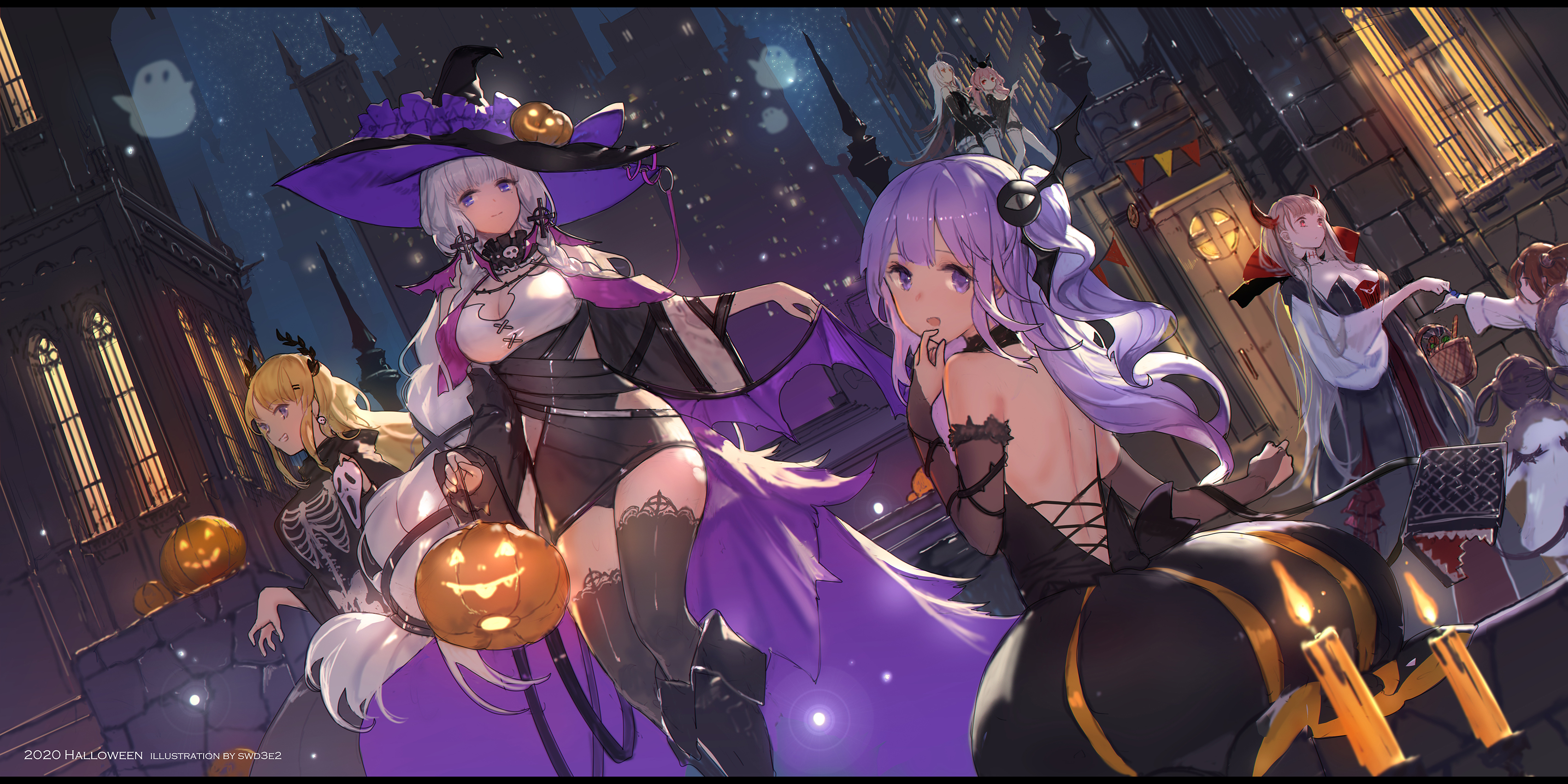 he image is a digital illustration of a group of anime girls dressed in various halloween costumes. the main focus is on two girls in the foreground. one is dressed as a witch in a purple and black costume with a large pointed hat, carrying a jackolantern. the other is dressed in a black and gold gothicstyle dress with devil horns. behind them are other girls in costumes, including a vampire and possibly another witch. the setting is a nighttime city street with gothic architecture, adding to the halloween atmosphere.  pumpkins, candles, and other halloween decorations are scattered throughout the scene, enhancing the overall festive and slightly spooky mood. the art style is highly detailed and polished, featuring vibrant colors and dynamic poses of the characters.