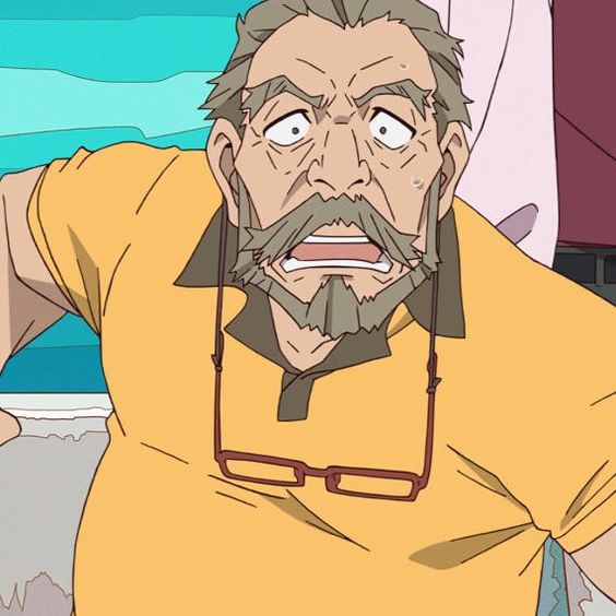 this is a closeup illustration of an older man with a shocked or worried expression. he has a light complexion, gray hair and a matching beard with white streaks, and wrinkles on his forehead. his eyebrows are raised, his eyes are wide open with visible white sclera, and his mouth is open as if he's gasping. beads of sweat are dripping down the sides of his face. he's wearing a yellow polo shirt with the collar popped and rectangular brown glasses hanging loosely around his neck. the background features a vibrant blue and turquoise pattern that evokes the sea or a swimming pool, with a sliver of pink in the upper right corner. the bright lighting and the man's exaggerated expression convey a sense of alarm, fear, or disbelief.