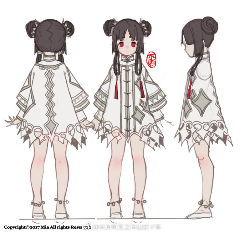 an illustration of an anime girl character design. the girl has dark hair with buns on the side and red eyes. she is wearing a white dress with red accents, and the design shows the front, back, and side of the character.  the illustration has a light sketch look and appears to be digitally drawn.