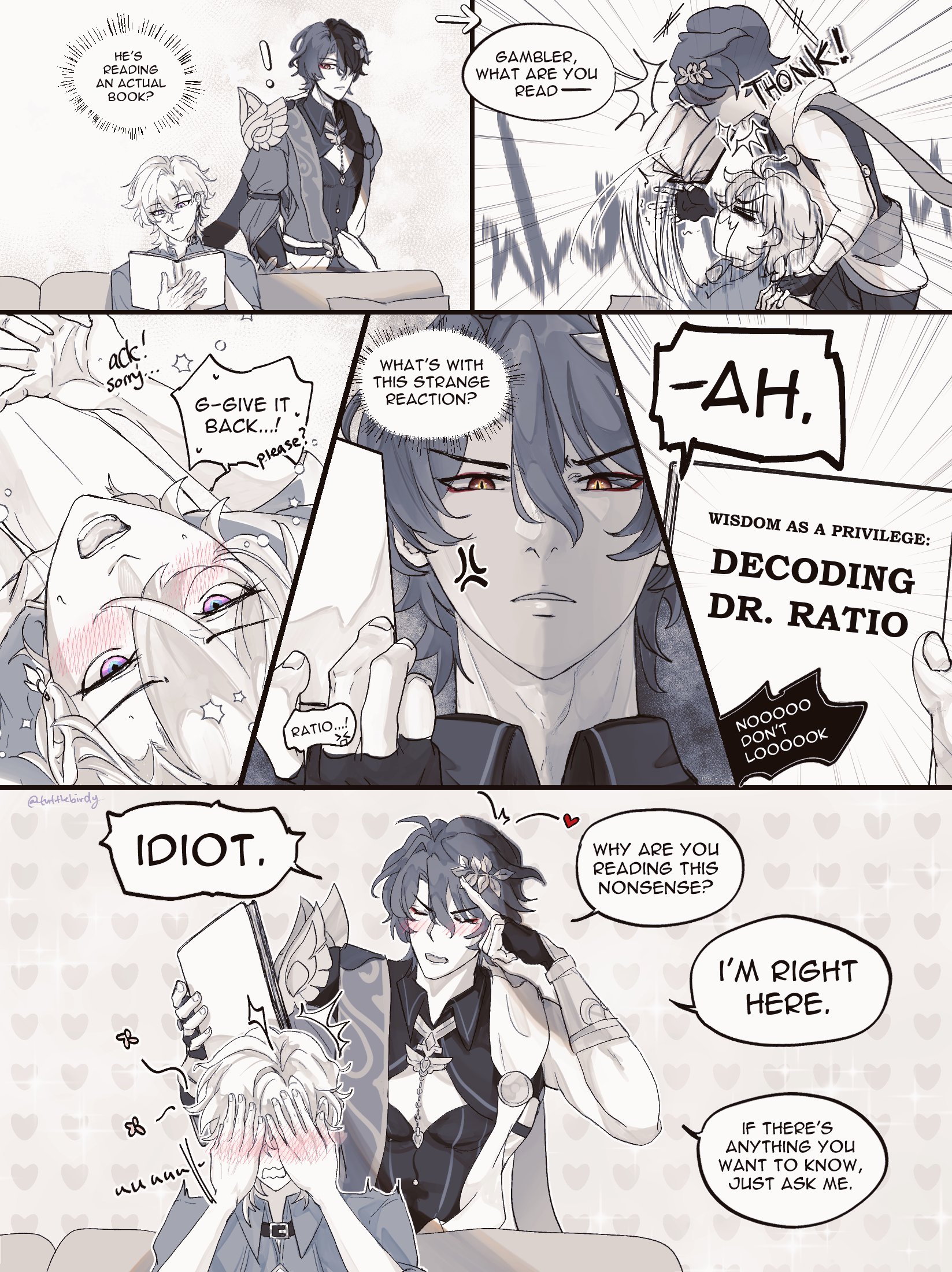 he image is a multipanel comic strip featuring characters that appear to be inspired by the anime/manga style. the comic depicts a humorous interaction between several characters, primarily focused on one character's reaction to another character reading a book titled "decoding dr. ratio".  the style is lighthearted and uses expressive character designs and speech bubbles to convey the story.  the characters display a range of emotions, from confusion and annoyance to affection and exasperation.  the overall aesthetic is cute and slightly chaotic, with clear lines and soft color palettes. the comic is rich in detail and the characters' expressions are highly animated, adding to the comedic effect.