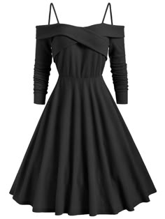 a black offtheshoulder dress with long sleeves and a sweetheart neckline. the dress has an aline silhouette and a vintage feel. it would be perfect for a party or special occasion.