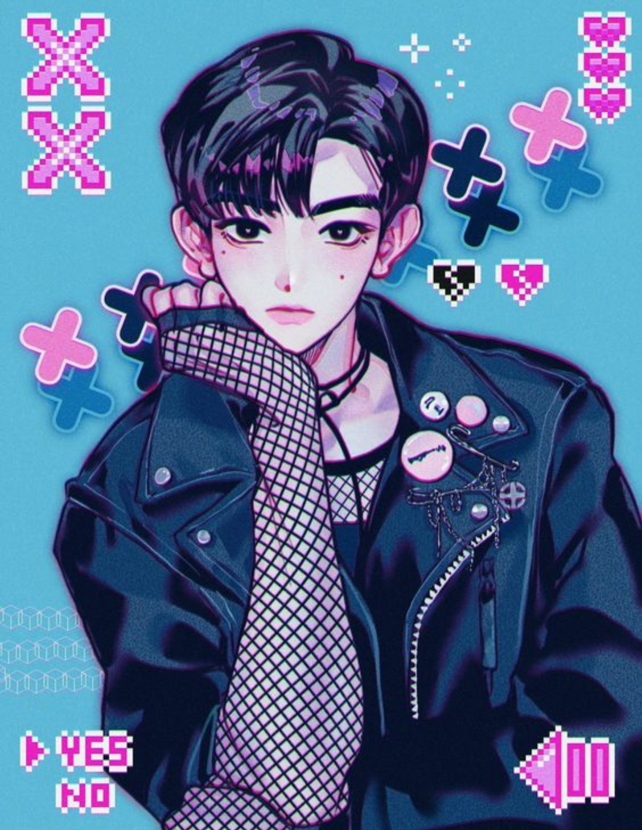 the image showcases a stylized digital drawing of a young man. rendered in an animeinspired style, he embodies a trendy eboy aesthetic. his attire consists of a black leather jacket adorned with pins, a fishnet sleeve, and a black choker. the background features a vibrant blue hue, complemented by pink pixelated elements such as hearts, crosses, and a "yes/no" prompt reminiscent of a retro video game interface. his expression exudes a cool and somewhat melancholic aura, further enhancing his captivating charm.