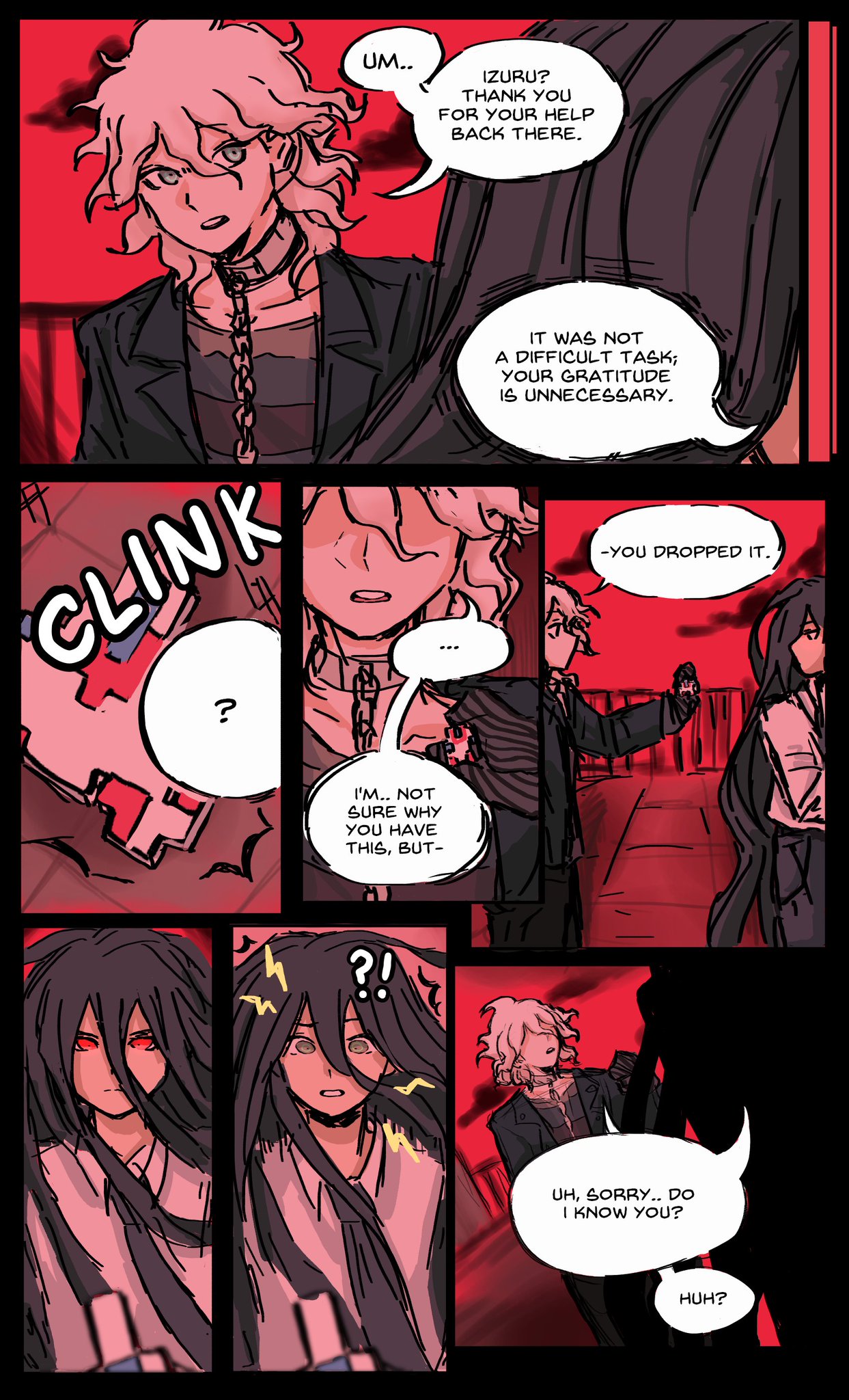 this is a comic book panel with two different scenes. the top scene has one character who is looking at another character off panel, the other character is talking about how they don't need to thank them for their help. in the bottom scene, there are four characters, two are interacting and two are shocked, all of them are in different places. the left scene has a character with long white hair who has dropped a heart shaped object that's now in a pile of shattered pieces, the other character in this scene has long black hair and is holding a weapon with an expression of confusion. the right scene has two characters who are facing each other, one with long black hair and is shocked, the other one with long white hair is confused. the speech bubbles include words like "dropped", "i'm not sure why", and "huh?".