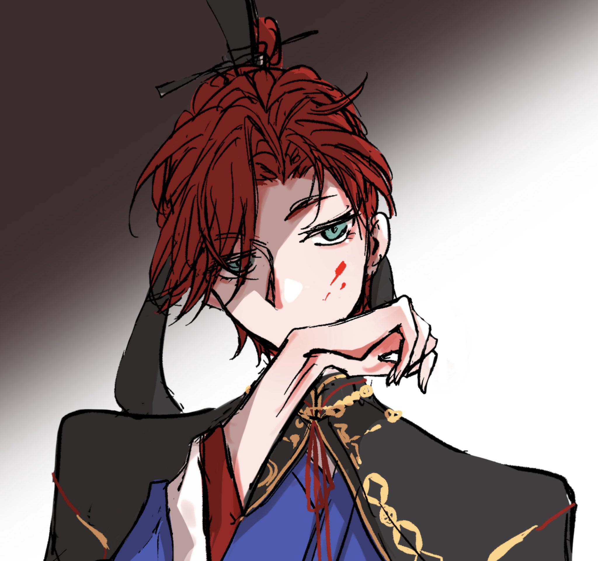 the image depicts a male anime character with red hair tied in a bun. his face is slightly turned to the side, revealing a scar on his cheek and a serious expression. he has green eyes and his right hand is covering his mouth, hiding his lower face. the character is wearing a dark and gold decorated robe. the background is white with a dark shadow on the left side.