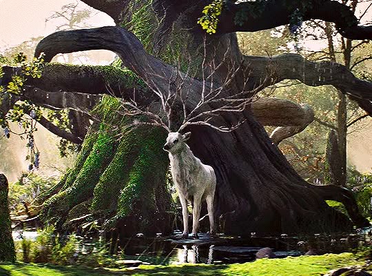 a white deer with large, bare antlers stands in a forest clearing near a large, mosscovered tree. the tree's roots are partially submerged in a small body of water. the scene has a magical, mystical, and fantasylike quality.