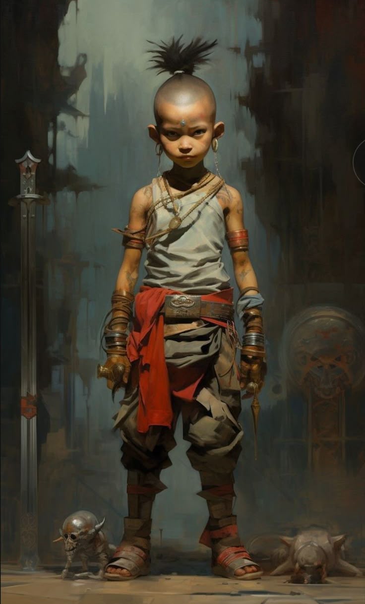 a painting shows a child warrior standing in a fantasy setting. the child has a shaved head with a topknot of hair, wears jewelry, a white tunic, brown pants, and brown sandals, and is wearing a red sash. there are two skull like creatures lying at their feet. the painting style is digital illustration.