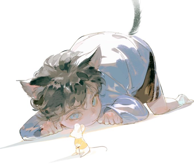 a young boy with cat ears and tail is crouched down, looking intently at a small mouse standing in front of him. the boy has dark hair and blue eyes, and is wearing a blue and white outfit. the background is white. the scene evokes a sense of curiosity and innocence.