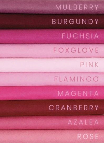 an image of different shades of pink and red, in a gradient, labeled with the corresponding color names.  the colors are arranged from dark to light with the darkest at the top and the lightest at the bottom, as follows: mulberry, burgundy, fuchsia, foxglove, pink, flamingo, magenta, cranberry, azalea, rose.