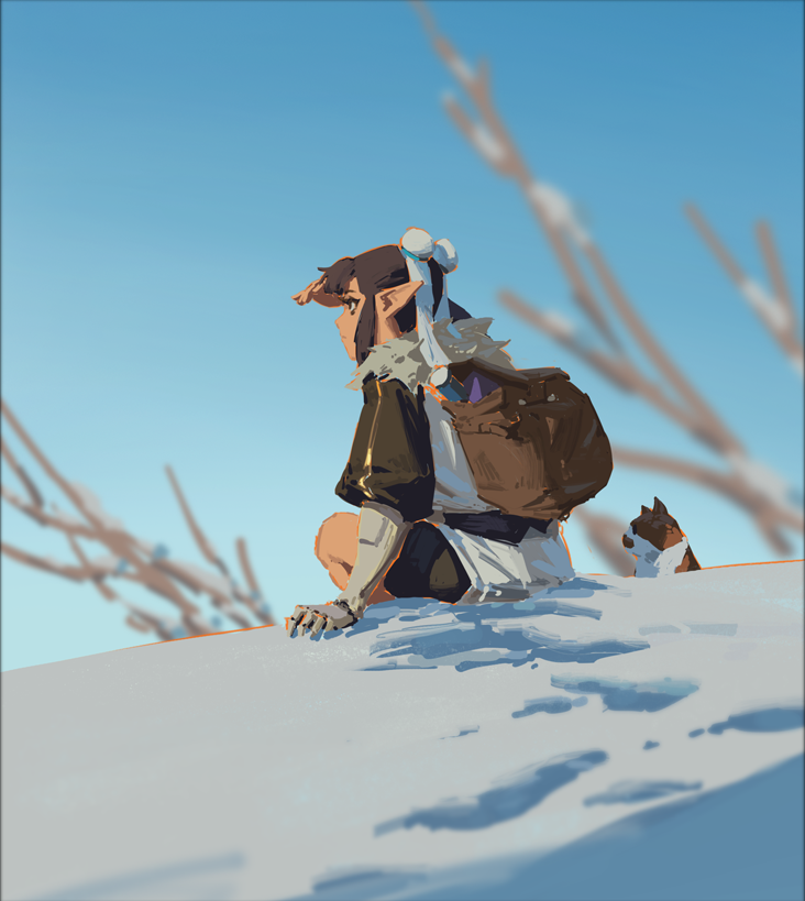 the digital painting depicts a fantasy elflike female character seated on a snowcovered hill. she's looking towards a distant horizon under a bright blue sky.  the elf has pointed ears and is wearing a darkcolored, furtrimmed jacket and a lightcolored skirt. she carries a brown backpack and is accompanied by a small, lightcolored animal that looks like a cat or similar creature, sitting beside her. the background features bare, snowdusted branches against a clear sky. the overall style is painterly and slightly impressionistic, with a focus on light and shadow creating a calm and serene mood.  the image has a dreamy and slightly whimsical quality.