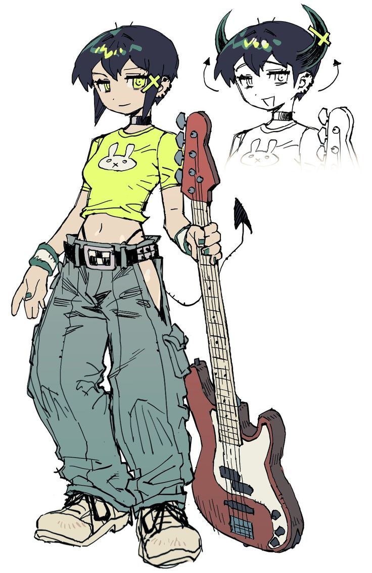 this is a cartoon illustration of an anime girl holding a bass guitar. she is wearing a yellow shirt, blue pants, and black boots. she has black hair, green eyes, and a devil's tail. she is wearing earrings and bracelets, and has a belt on her pants. her hair is tied back in a ponytail.