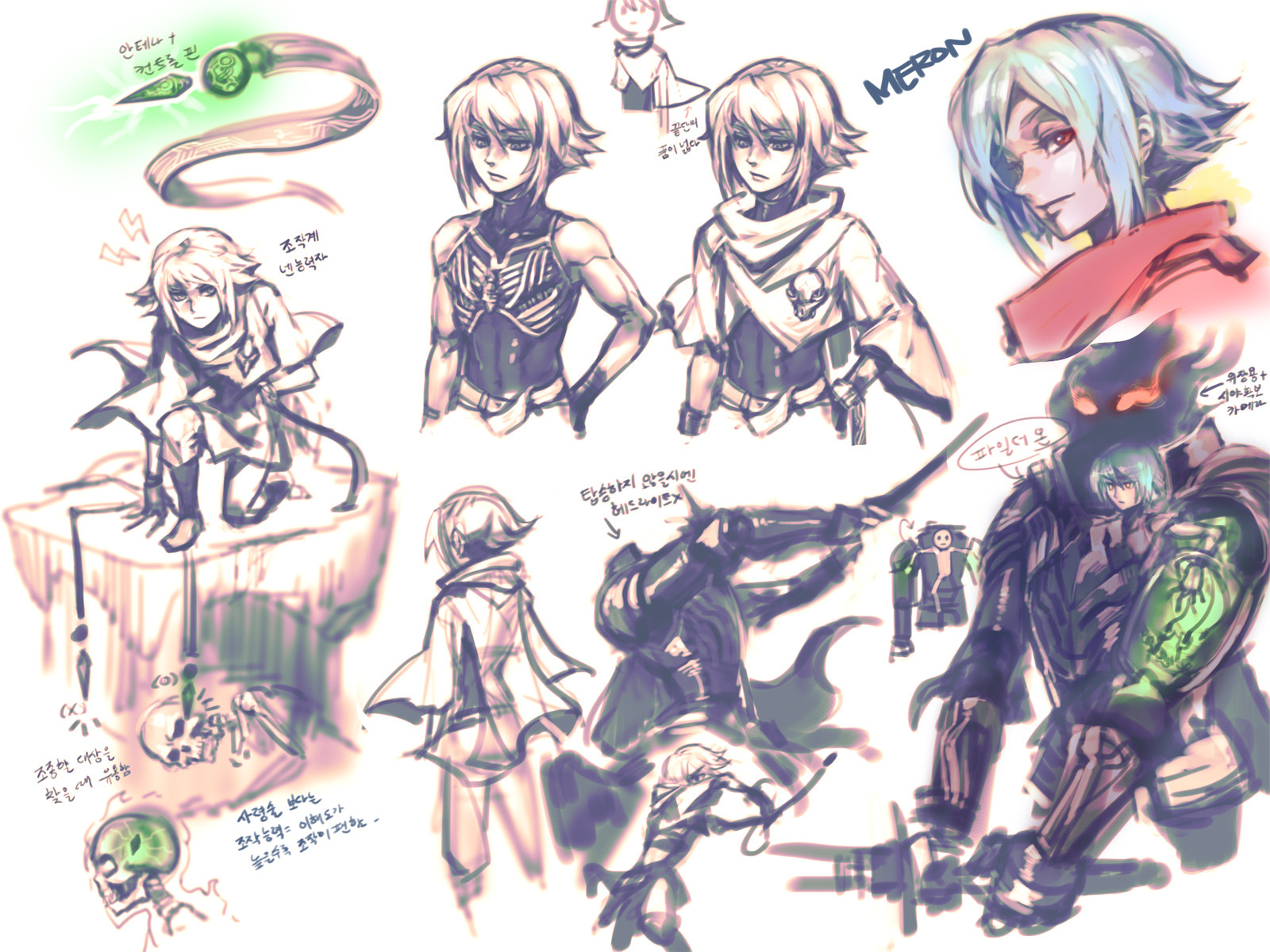 this is a digital drawing featuring multiple sketches of animestyle characters. the sketches are drawn in a loose, gestural style, with emphasis on character design and pose. some of the characters are futuristiclooking, with features reminiscent of cyborgs and robots. one character is wielding a sword, another is wearing a helmet and armor.  there is a sense of action and dynamism in the sketches, with many characters engaged in fighting poses. the characters are drawn against a plain white background. the drawing is written in korean.