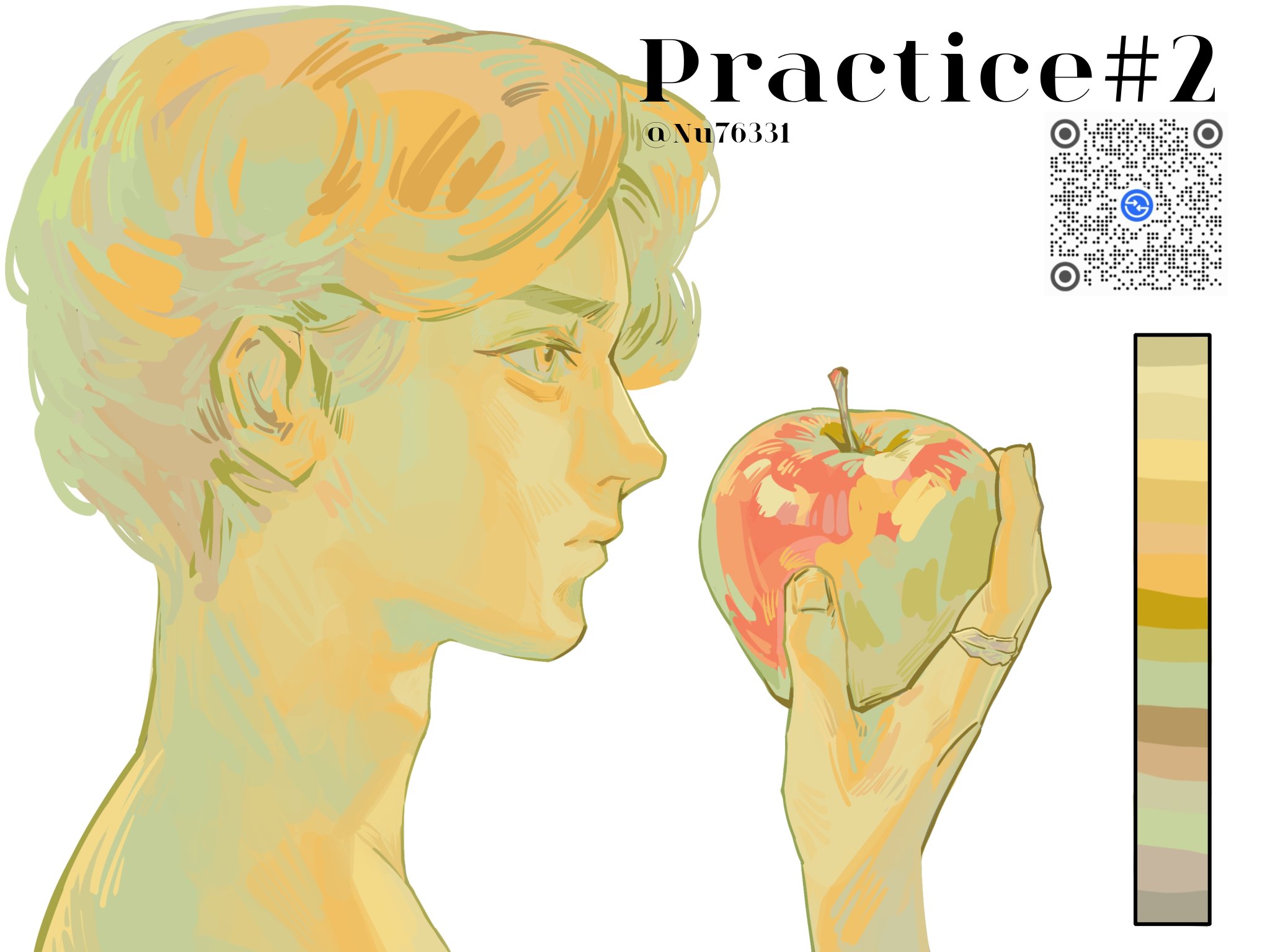 a digital illustration of an anime style man with blond hair looking at a red apple he is holding in his hand. it is drawn in a stylized fashion and incorporates a colour palette to the right of the illustration. the title "practice #2" is at the top of the image.