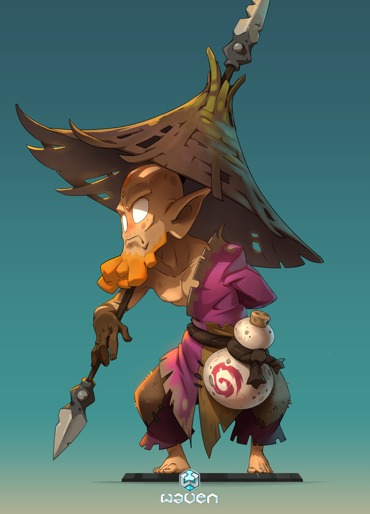 this image features a cartoon illustration of a tribal goblin warrior with a spear and a hat, standing on a black pedestal. the goblin is wearing torn purple clothing, brown pants, and a brown hat made of woven strips. the character has a long orange beard and pointy ears. the background is a light blue color.