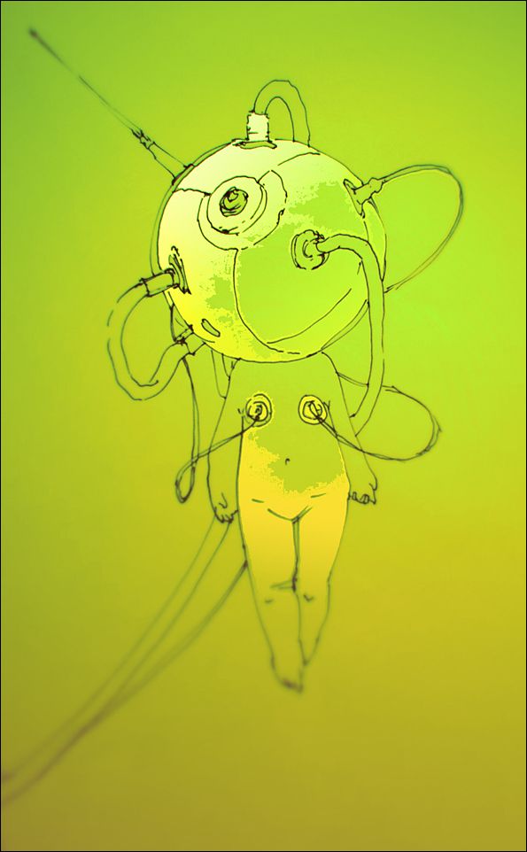 a sketch of a human figure with a round head that has a large eye. the figure is connected to tubes and wires. the figure is drawn with a green and yellow color scheme. the background is a gradient of green and yellow.