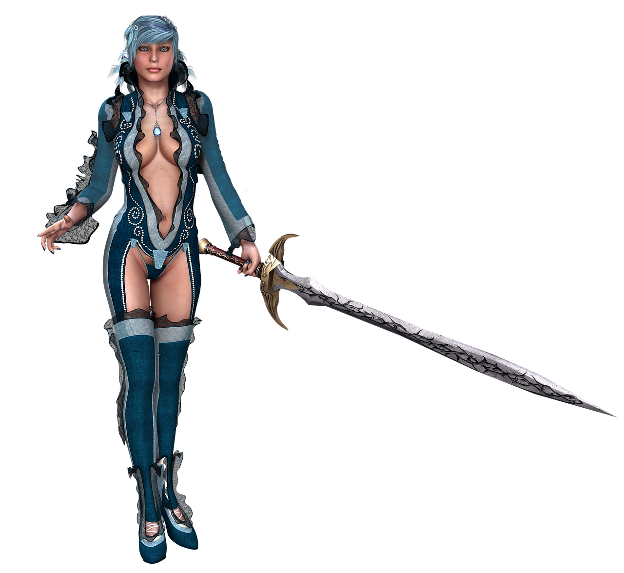 a digital illustration of a female warrior character holding a large sword, set against a black background. she is wearing a blue and white outfit with intricate details and thighhigh boots. the sword has a decorative hilt and a long, slender blade. the character has blue hair and a confident expression.