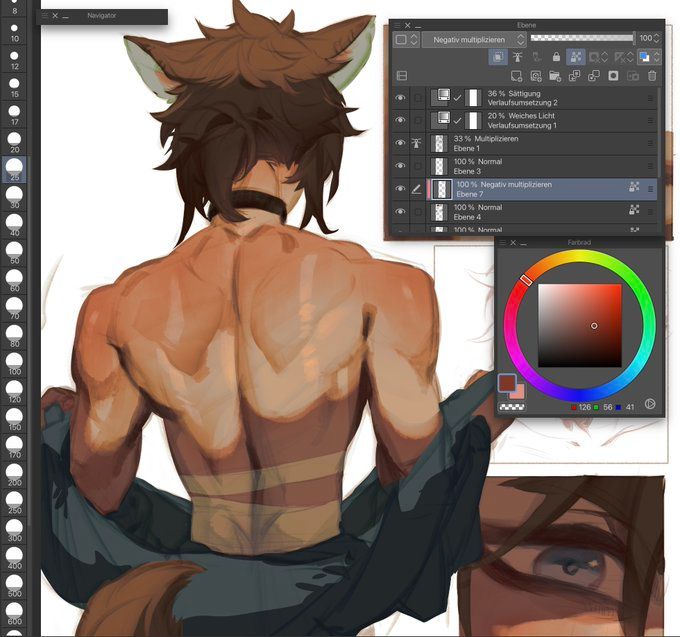 he image shows a digital painting in progress of a muscular male anime/mangastyle character from the back.  the artist's photoshop layers panel and color picker are visible, providing insight into the creation process.  the color wheel indicates a deep reddishbrown tone is being used. a small portion of a face, likely another element in the artwork, is seen in the bottom right corner. the image displays the various layers of the painting, showcasing the shading and highlighting techniques used to create depth and texture in the character's skin and hair.  the overall style leans towards realistic rendering, although maintaining the stylistic elements of anime and manga characters.