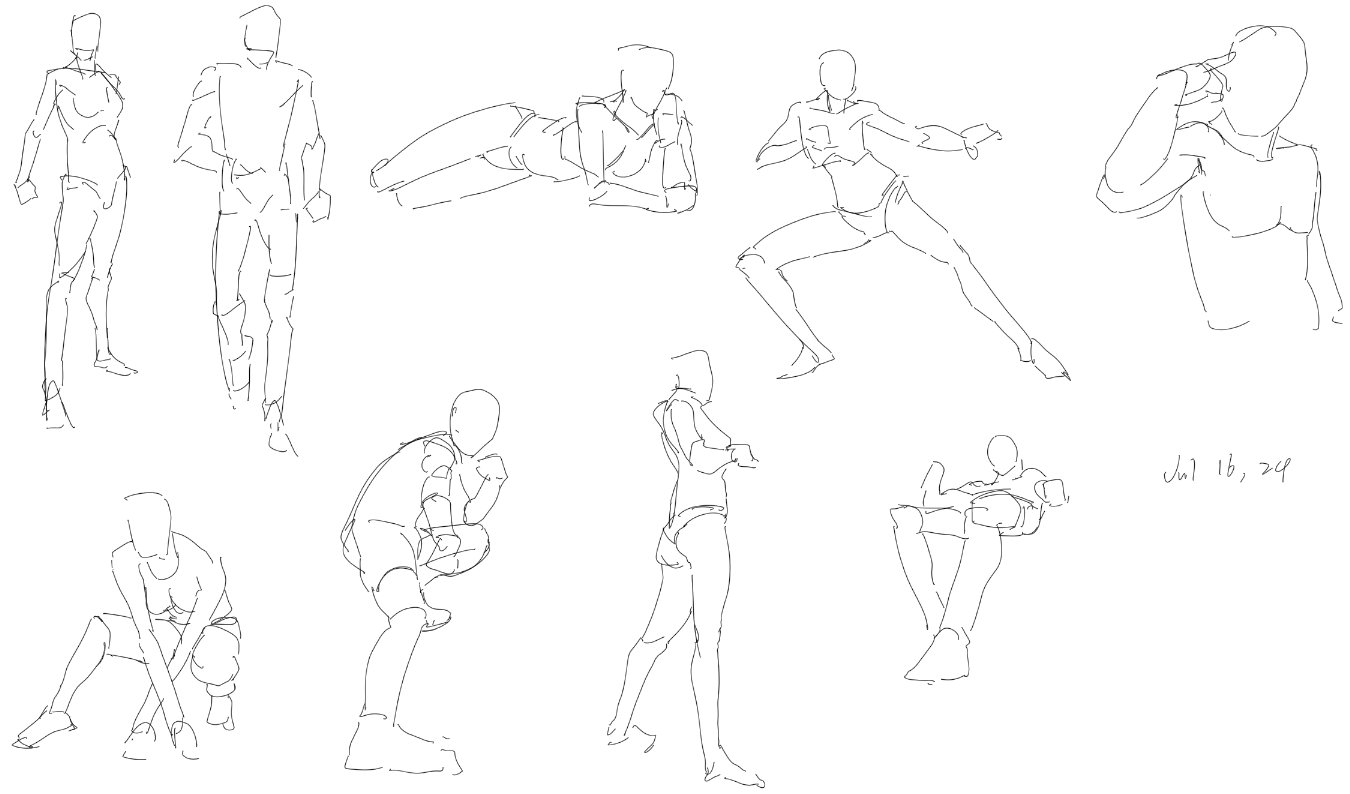 a page of figure drawing sketches. there are 9 figures in different poses.