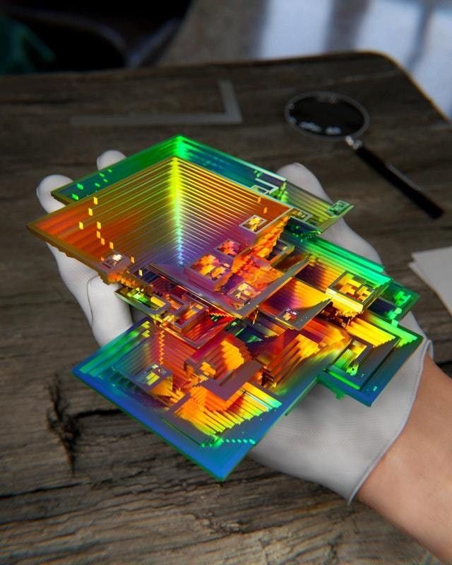 a hand wearing a white glove is holding a bismuth crystal, which is an iridescent, stepped structure with rainbow colors. a magnifying glass and a piece of white paper are on the wooden surface next to the hand. the crystal is the focal point, showcasing its unique layered formation and vibrant colors. the background suggests a laboratory setting or a collection display.