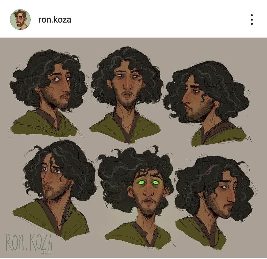the image is a collection of headshot character design concepts of bruno madrigal from disney's encanto, created by artist ron.koza. it showcases different angles and expressions of the character, featuring his curly black hair, beard, and olive skin tone. one of the portraits shows bruno with glowing green eyes, possibly indicating a magical ability or heightened emotion. the drawings are presented in a cartoon style with bold outlines and shading, against a light grey background.