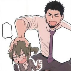 a manga panel depicting a playful interaction between a tall man and a shorter woman. the man, with short dark hair and a jovial expression, is playfully patting the woman's head. the woman, with short green hair and a chibistyle face, looks annoyed and is making a peace sign with her hand. they both appear to be wearing office attire.