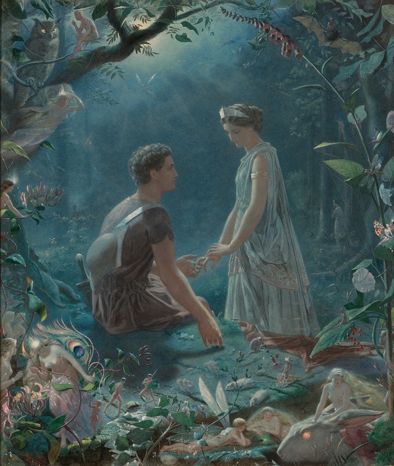 a painting depicts a romantic scene in a mystical forest setting bathed in moonlight. a couple, a man in a tunic with a sword and quiver, and a woman in a flowing dress and crown, are the focal point, surrounded by an array of fairies and mythical creatures. an owl and a bat perch in the trees above, while a glowingeyed rabbit sits below. the scene is dreamlike and enchanting, reminiscent of a classical fairy tale illustration. the painting is rich in detail, featuring intricate flora and fauna, and the light creates an ethereal and magical atmosphere.