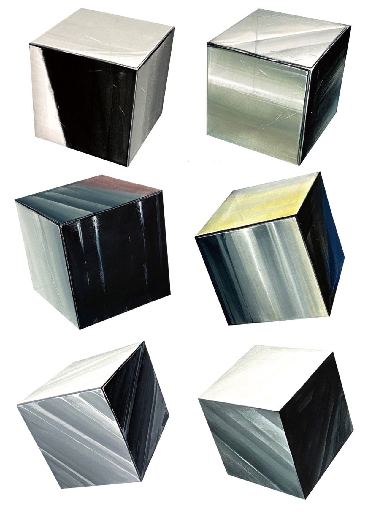 the image showcases six abstract paintings of cubes, each uniquely rendered with varying shades of grey, black, and white.  the cubes appear to float against a clean, white background. the brushstrokes are visible, adding a sense of movement and texture to the otherwise geometric forms.
