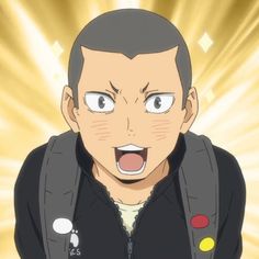 this is a closeup illustration of a young man with a shaved head and a joyful expression. he's wearing a black jacket with colorful pins. the background is a bright yellow with streaks of light, emphasizing the character's excitement.