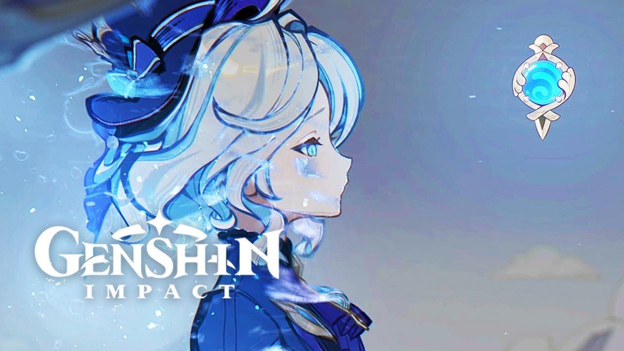 a side view of the character ganyu from genshin impact. her blue hair is tied back with a blue ribbon, and she has a blue and white hat with a red plume on top.  she is wearing a blue and white outfit with a golden belt.  behind her is the genshin impact logo with a white star in the middle.  there is a blue orb with a white swirl in it. the vision is located at the top of the image.