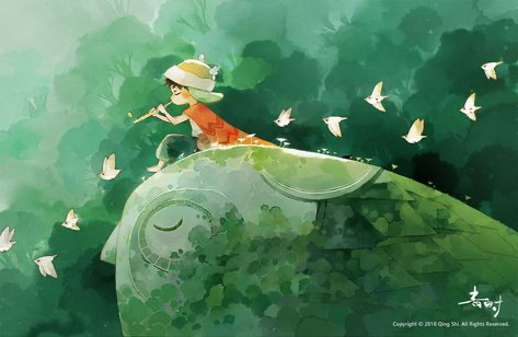 a young girl in a green hat and red shirt plays a flute while perched on a giant green leaf, surrounded by a lush green forest and white birds flying in the air. the art style is whimsical and vibrant, capturing a serene and magical moment. the image evokes a sense of peace and tranquility.