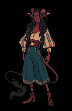 this image showcases a digital illustration of a female tiefling character against a stark black background. she exudes a confident posture and sports a mischievous smirk. her attire suggests a rogueish or piratical theme, featuring a flowing teal skirt, a billowing white shirt with puffy sleeves adorned with gold accents, and a brown leather belt cinched at her waist. her horns gracefully curve backward, while her long, dark hair cascades down her back in waves. the lighting is dramatically focused, highlighting her figure against the dark backdrop.