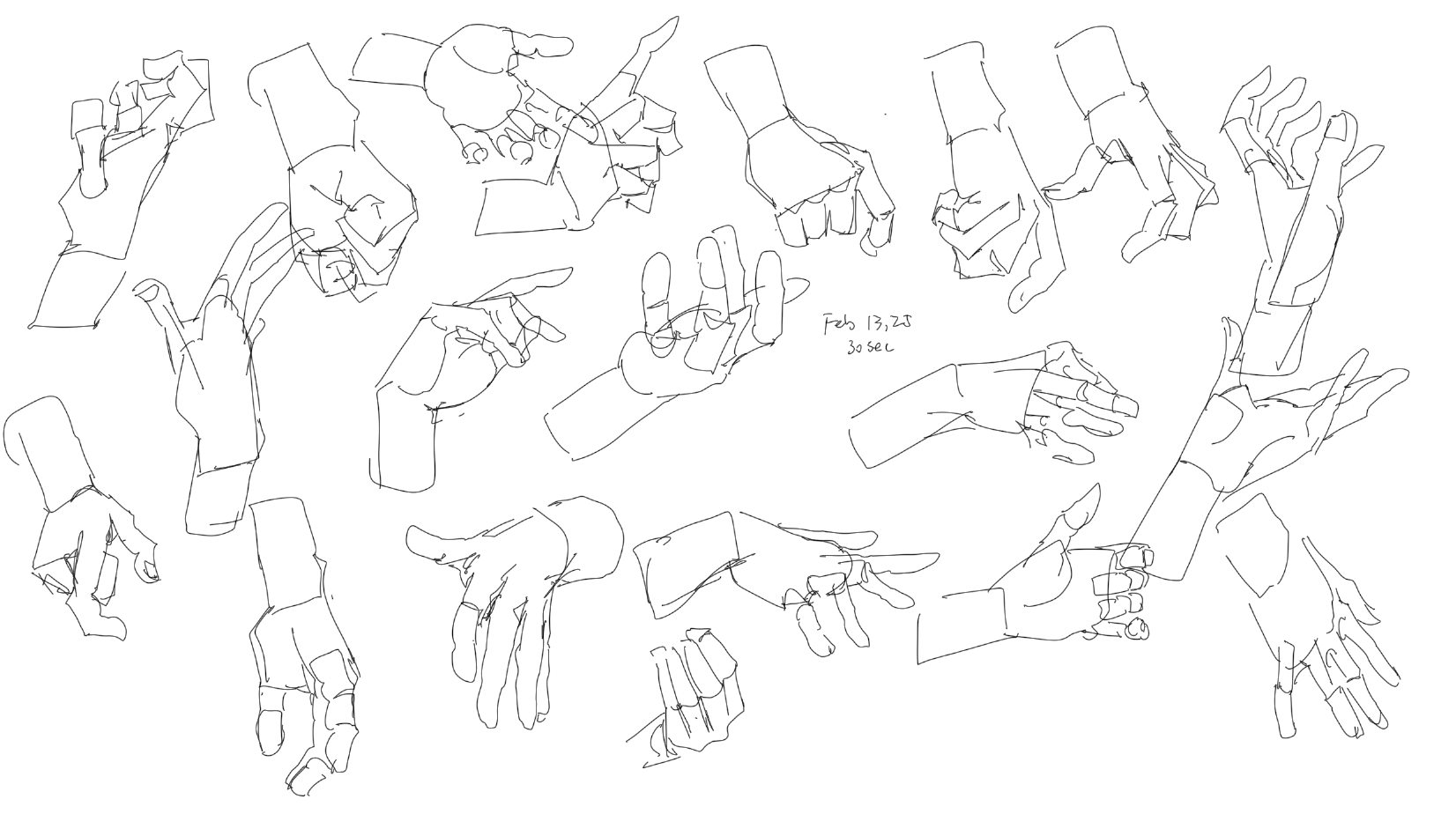 the image is a collection of hand sketches in various poses, created as gesture drawings and anatomical studies. they are rendered in line art, likely using a pen, and appear to be quick sketches completed in about 30 seconds each on feb 13, 2023. the sketches show different hand gestures and explore the anatomy of the hand from multiple angles.