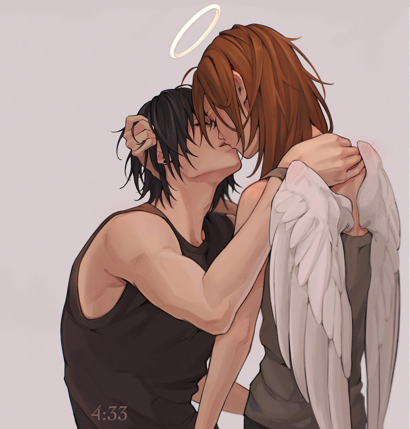 the image is a digital drawing in an anime/manga style. it depicts a romantic scene of a man and a woman embracing and sharing a kiss. the woman has brown hair and large, feathery white angel wings attached to her back. she also has a halo above her head.  the man has dark hair and a more muscular physique. he is wearing a darkcolored sleeveless shirt. the two figures are in close proximity, their bodies intertwined in a tender and intimate moment. the style of the artwork is soft and somewhat painterly, with subtle shading and lighting.  a timestamp "4:33" is subtly placed in the bottom left corner.